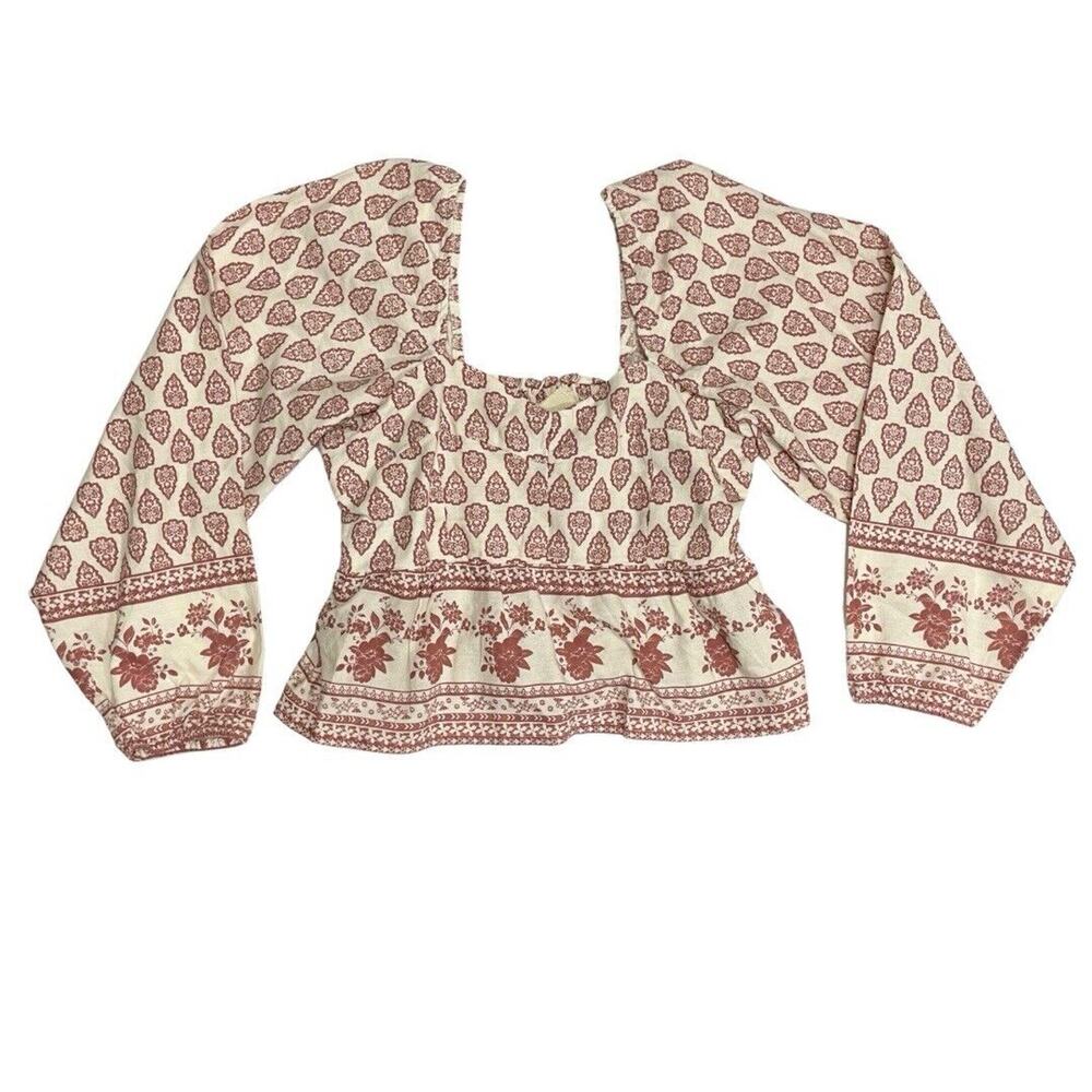 SIM & SAM Linen Blend Crop Top L Mauve Clay Boho Print Long Sleeve Peasant NEW